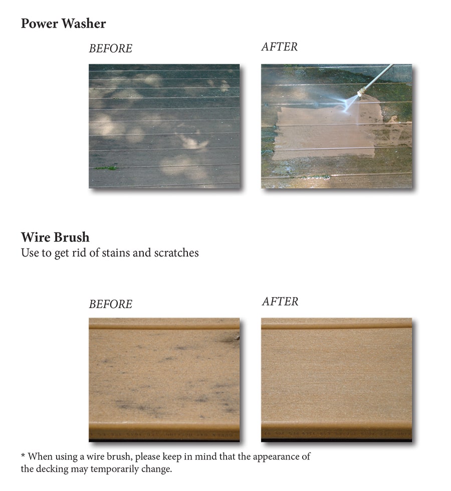 Care-&-Cleaning-Comparisons-Duxxbakdecking-2 A second Image showing examples of diferent cleaning methods before and after of Duxxak Decking and CorteClean or other care methods.