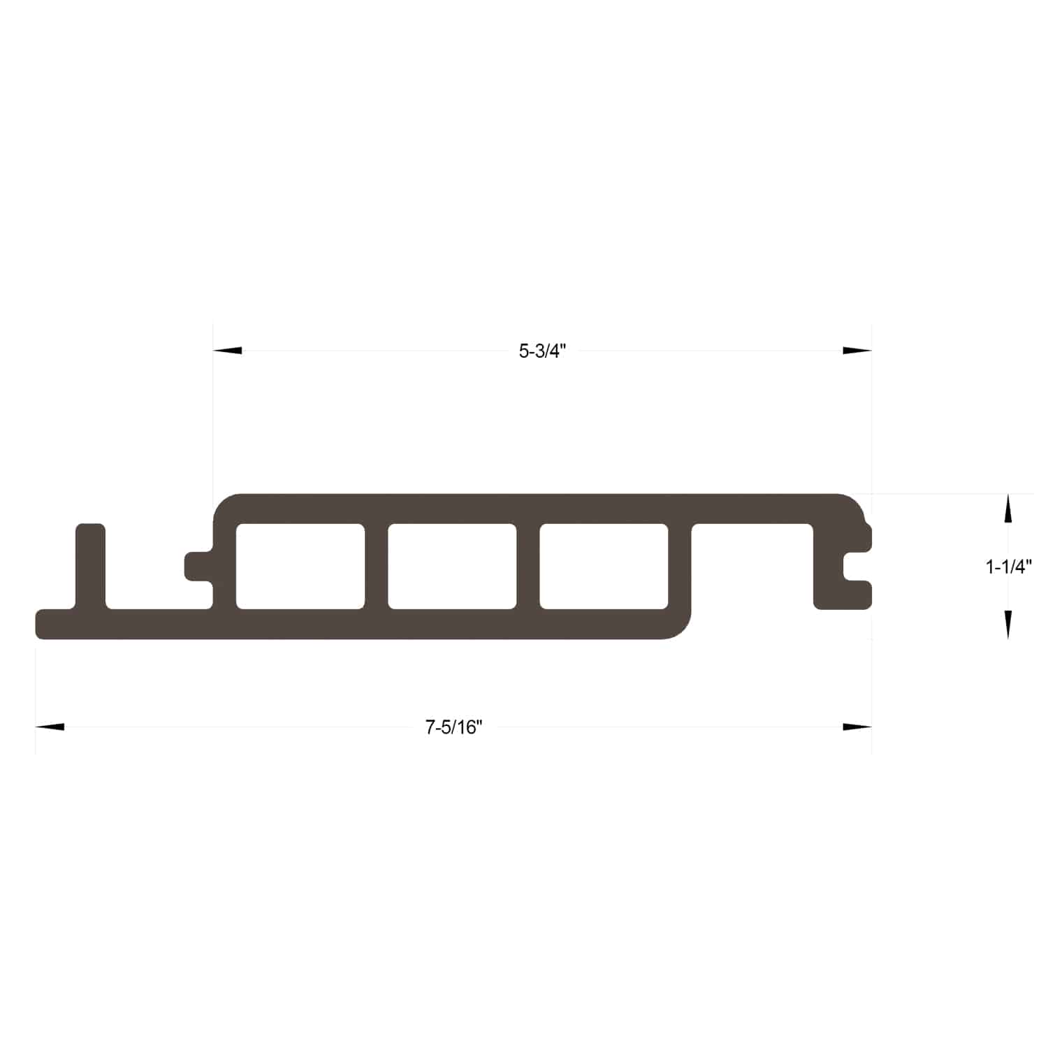 DuxxBak Dekk composite deck board technical drawing showing dimensions and profile.
